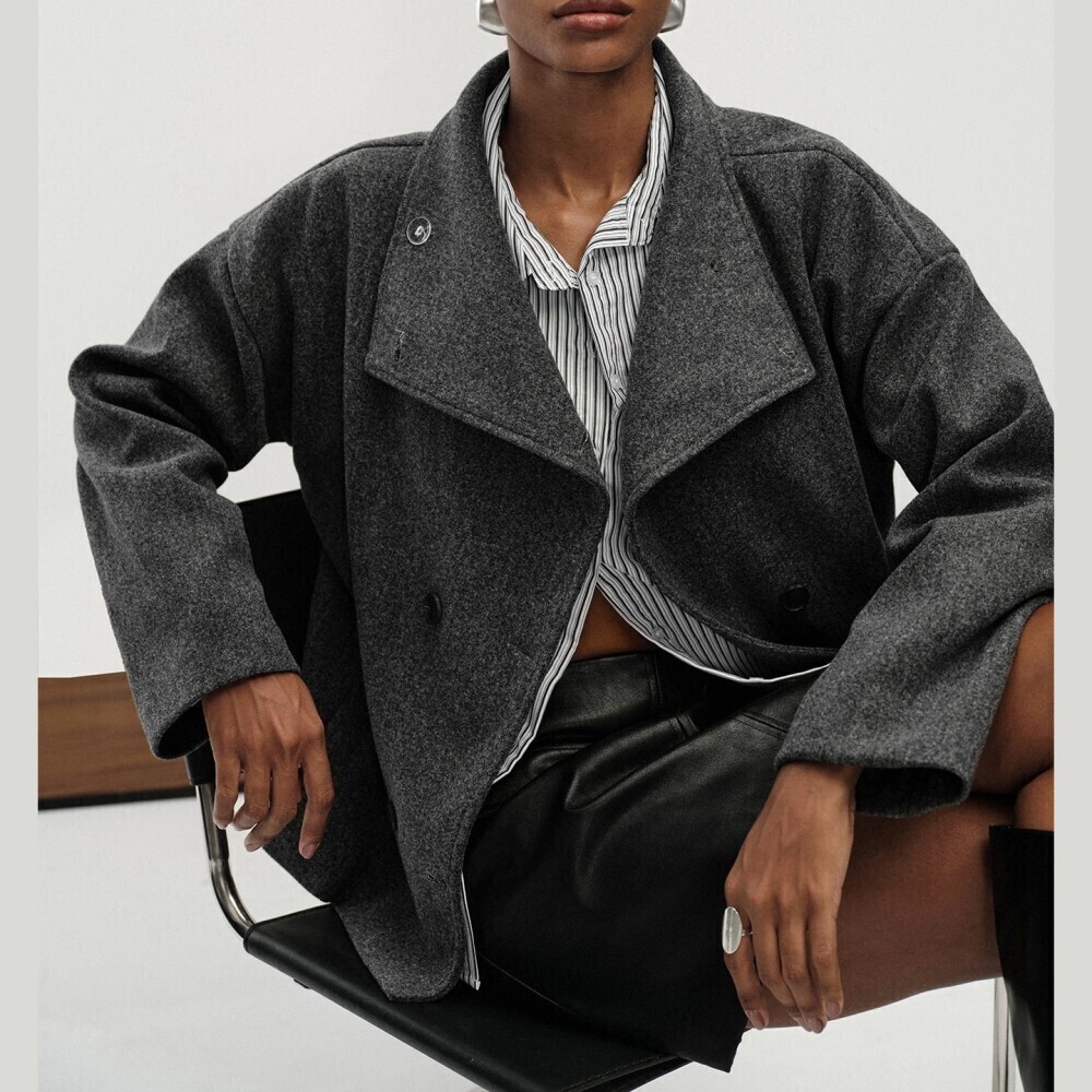 Charcoal Gray Wide Collar Oversized Cropped Brushed-Look Pea Coat